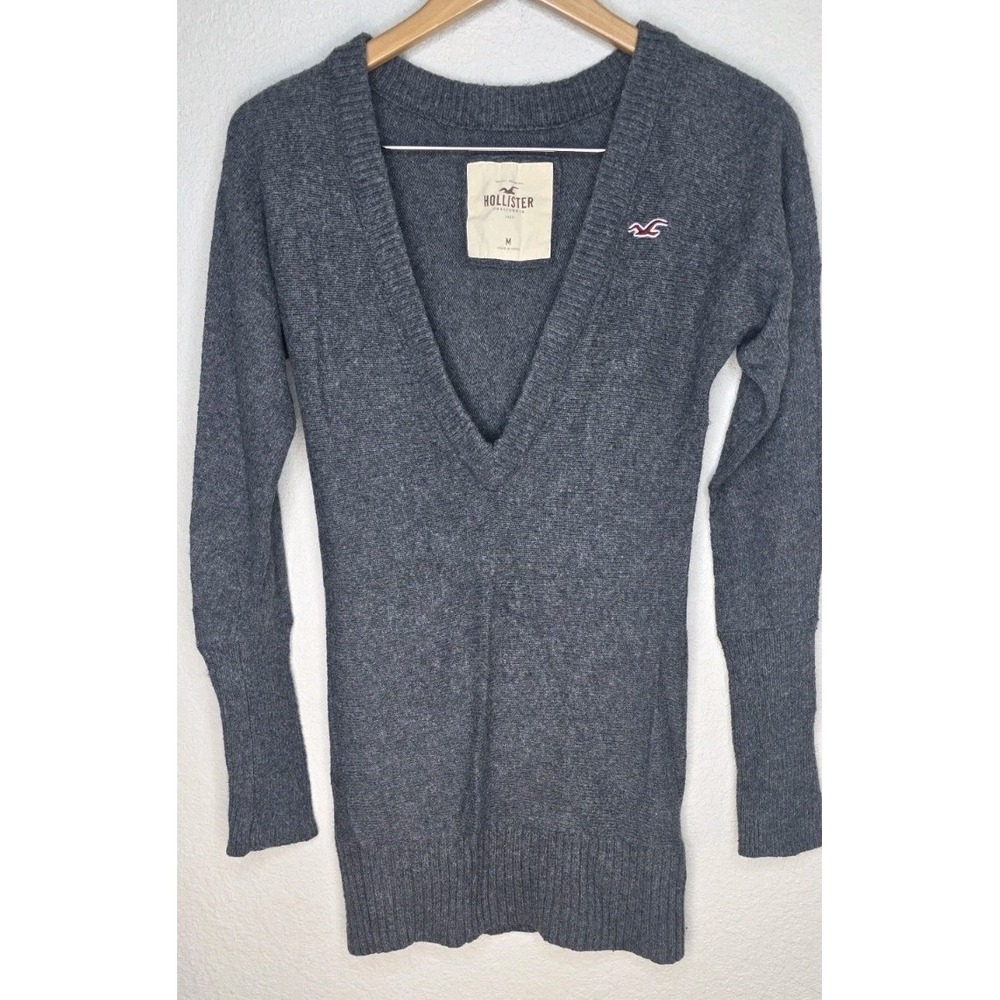 Hollister Gray Cable Knit V-Neck Sweater Y2K Deep Vneck Rabbit Blend Woman M